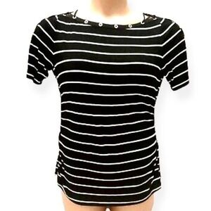 White House Black Market Striped Lace Up Shoulder T Shirt Top XS Black White
